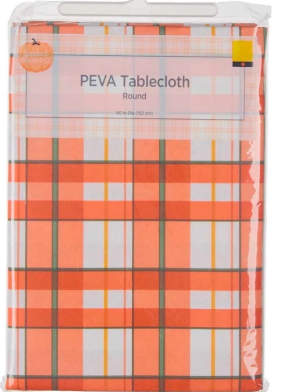 TABLECLOTH PERFECT HARVEST ROUND PEVA 60in ORANGE PLAID NIP